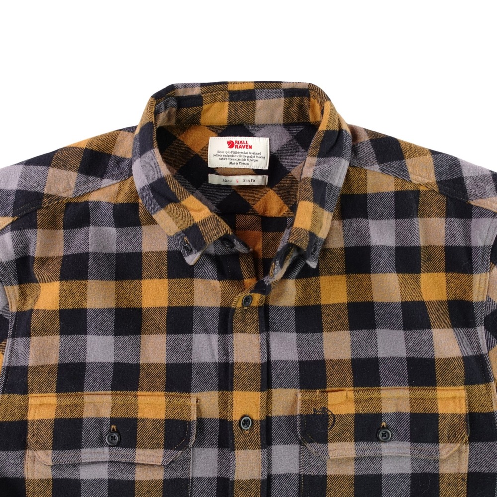 Fjallraven Skog Shirt Men L Yellow Black Plaid Slim Fit Cotton Flannel 81353